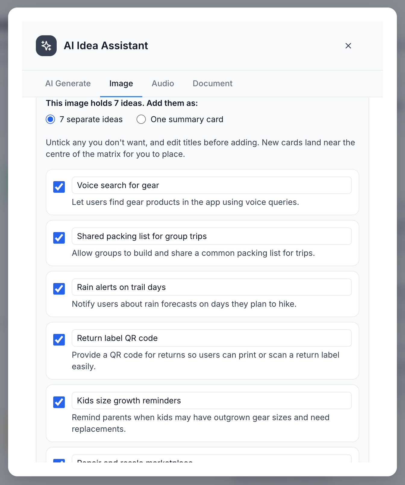 The AI idea assistant listing seven ideas read from a whiteboard photo of sticky notes, each with a tick box and an editable title.